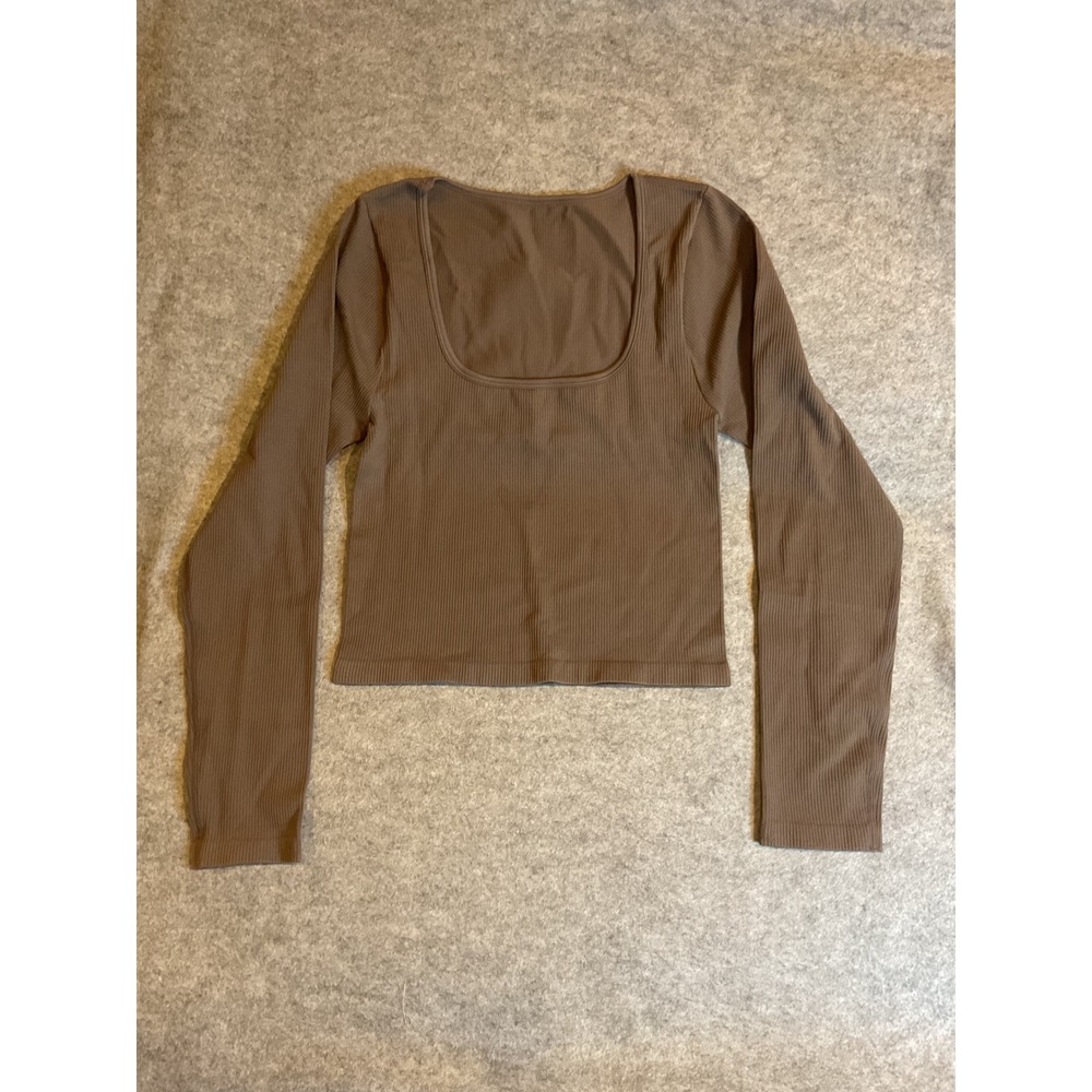 QQQ Women Brown Ribbed Square Neck Long Sleeve Seamless Crop Top Large